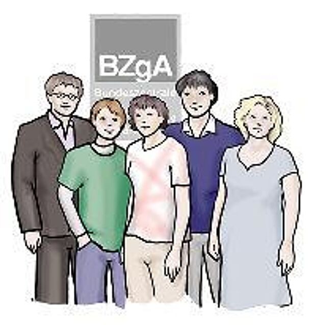 eine Gruppe von Menschen steht vor dem BZgA Logo