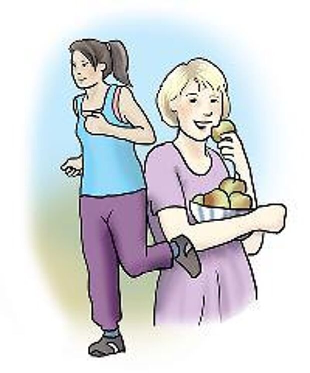 eine junge Frau beim Joggen und eine junge Frau beim Obstessen